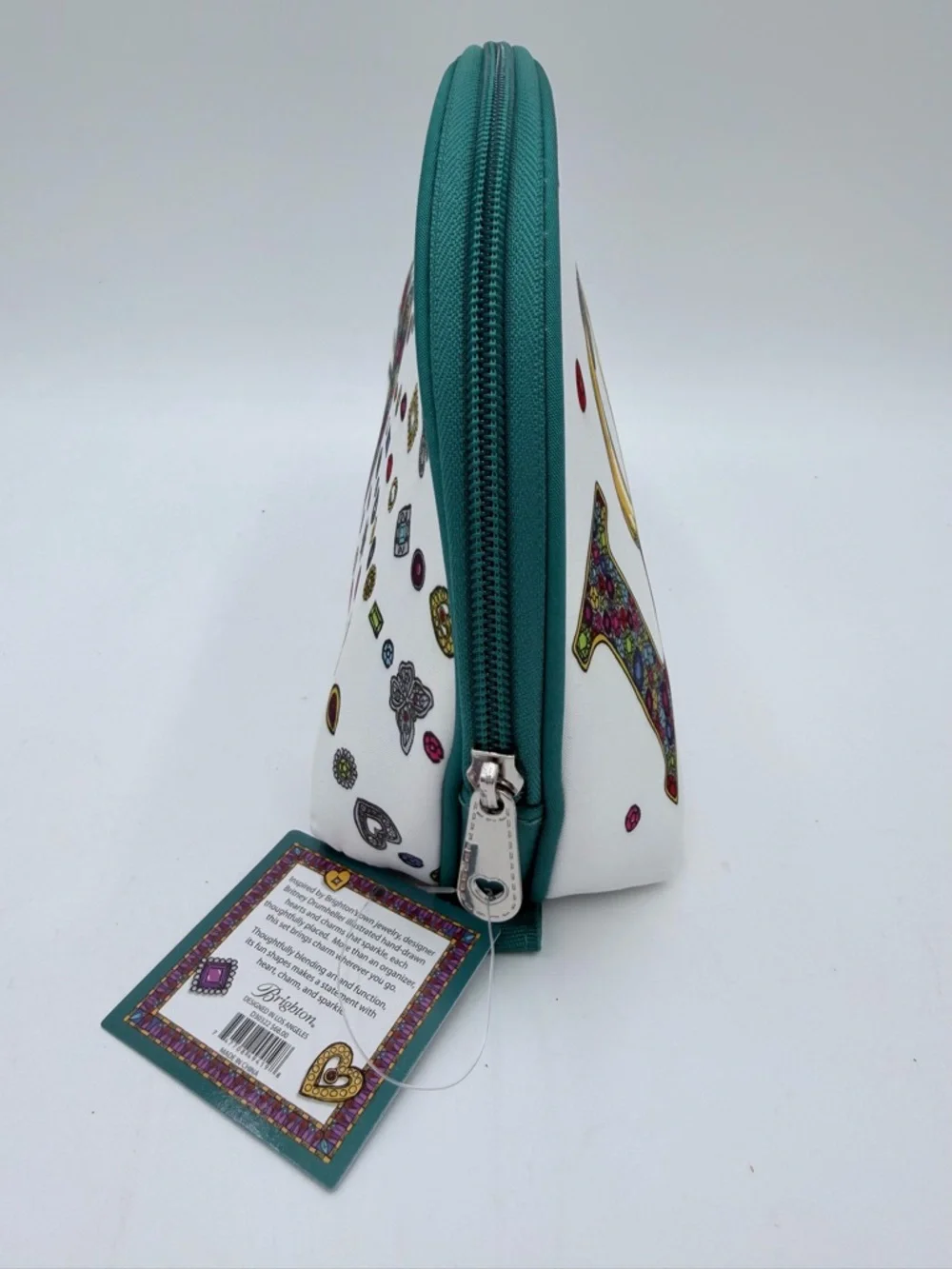 Brighton Charmed Love Cosmetic Bag Set 2pc NWT White Teal Jewelry Print Pouches